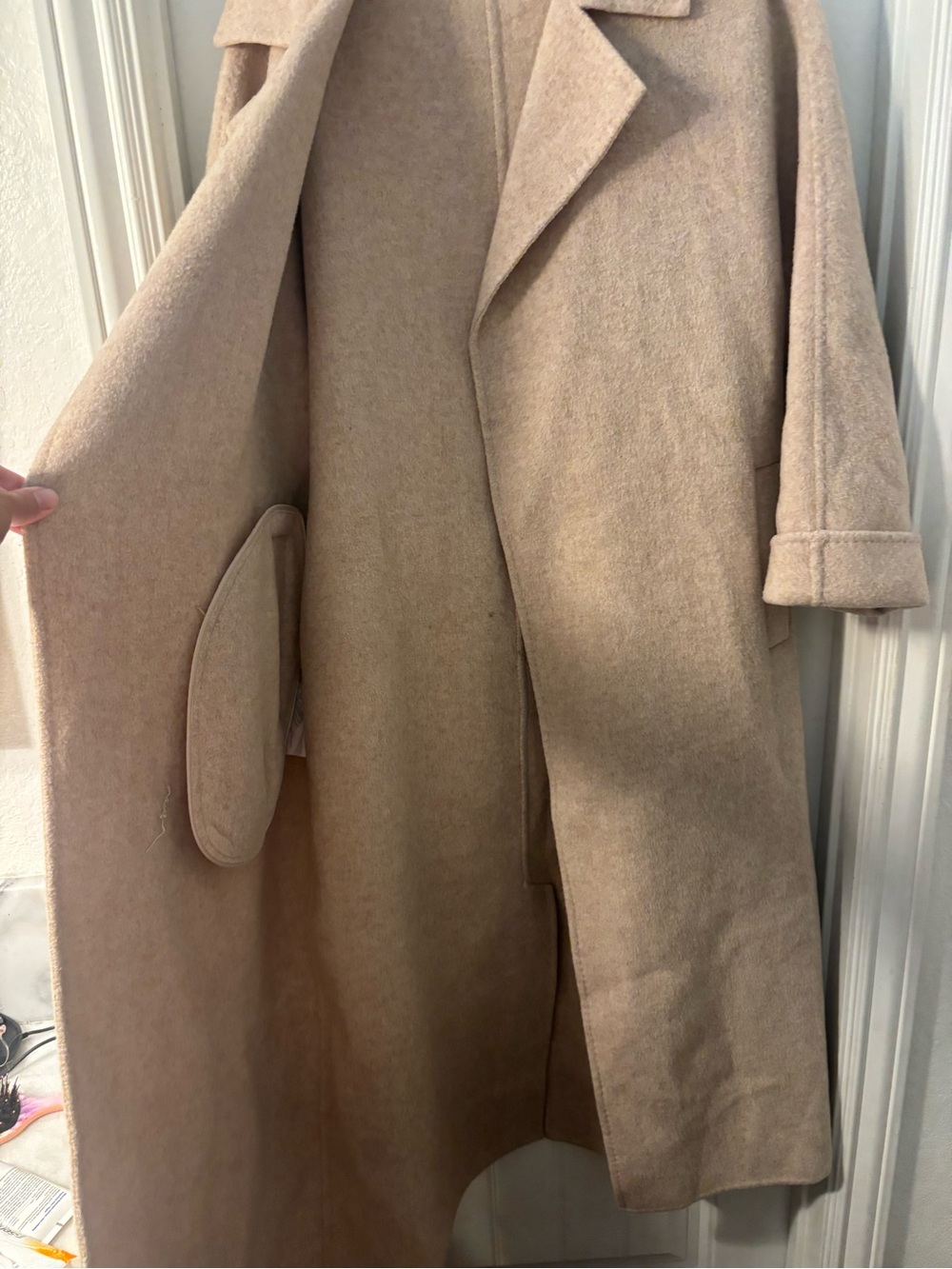 Mango MNG Beige Handmade Wool-Blend Long Belted Coat oversized S - Picture 6 of 15